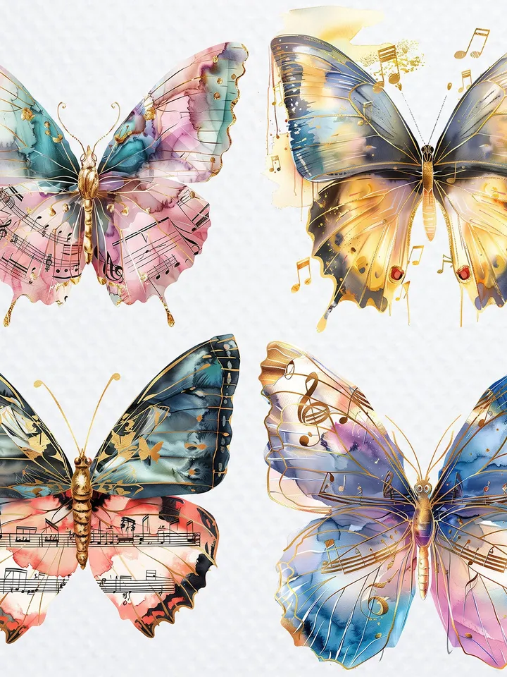 12 PNG Butterfly Music Notes Clipart Bundle, Butterfly Wall Print, Printable Watercolor Butterfly for sublimation, Paper craft, junk journal