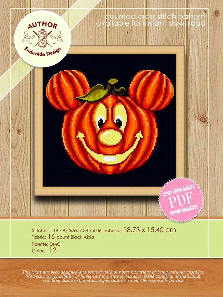 Halloween pumpkin cross stitch pattern download PDF Cute mouse cross stitch Awesome beginner stitch Halloween embroidery Mouse head #H22