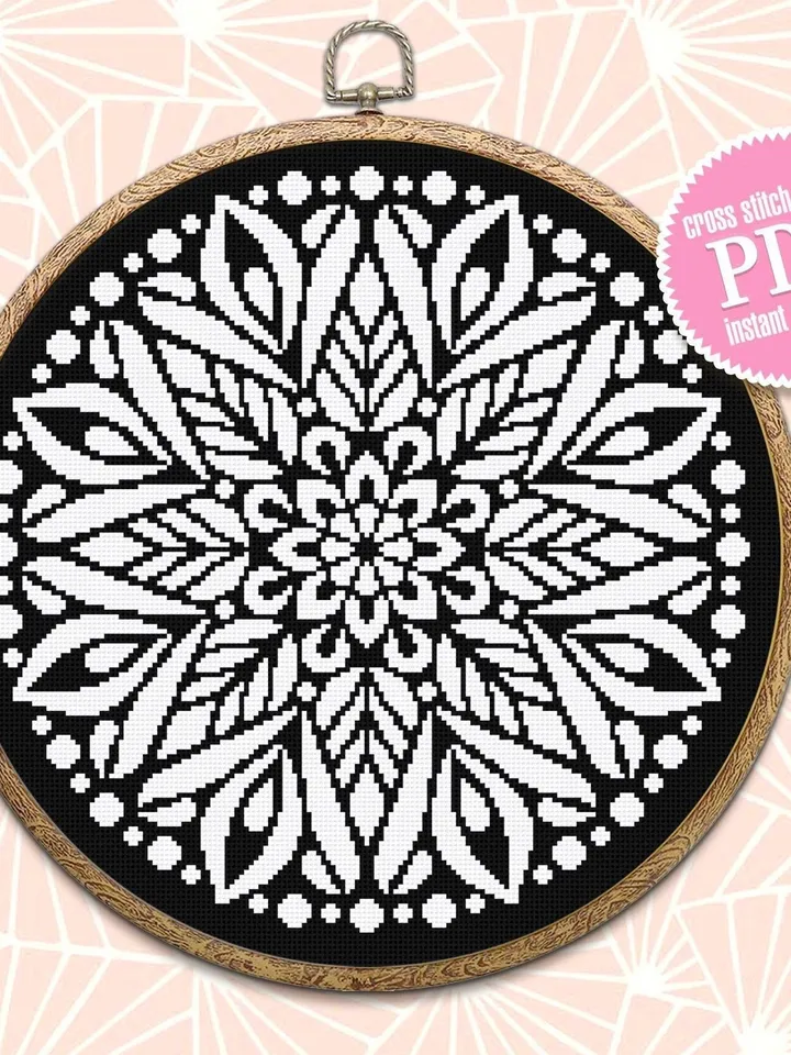 Flower mandala cross stitch pattern download PDF Simple mandala digital Monochrome cross stitch Modern cross stitch pillow Home decor #M177