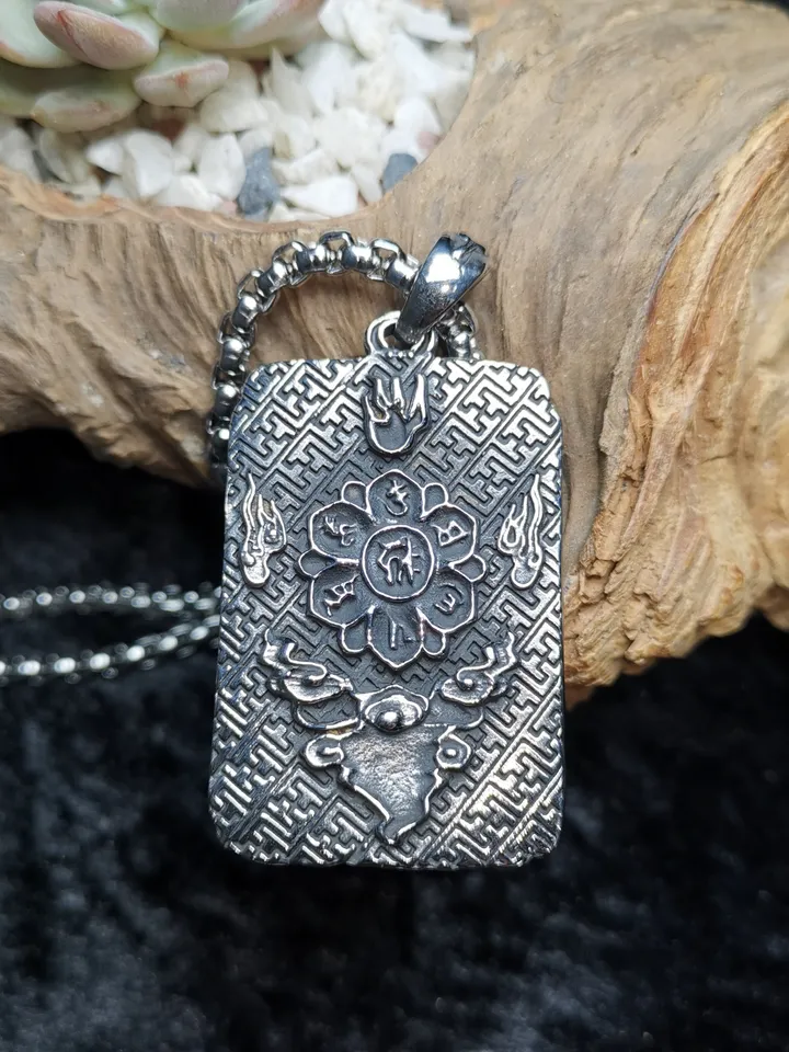 Gandhanra Handmade Titanium Steel Amulet Tag Necklace,Chenrezig,Padmapani,Avalokitesvara, Tibetan Buddhist Jewelry,Protection Necklace