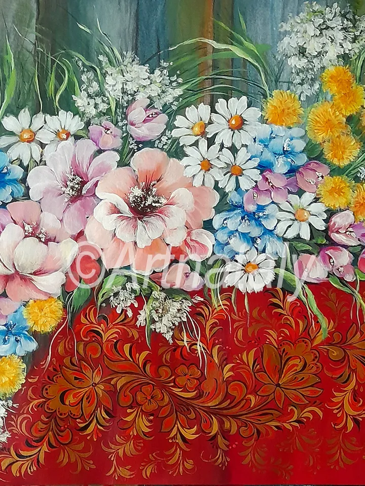 Floral painting folk art, Flowers bouquet painting, Wildflower wall art traditional