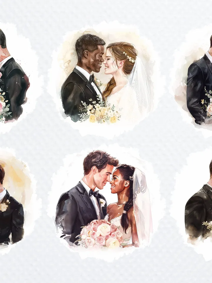 22 Wedding Couple PNG Bundle for Wedding Invitation, Printable Watercolor clipart for sublimation, Interracial couples PNG , junk journal