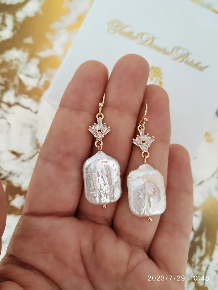 Art Deco Wedding Earrings,  Baroque Freshwater Pearl Statement Boho Bridal Earrings, 18K Gold Retro Vintage Wedding Jewelry, Gift For Her
