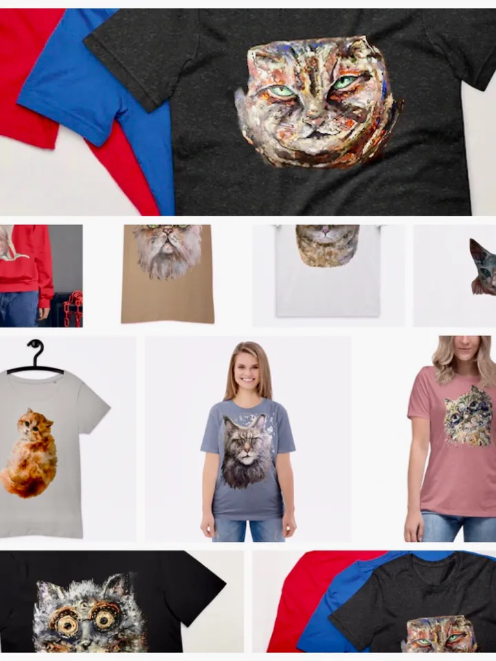 Mystery Cat Short-Sleeve Unisex T-Shirt made with my original mix media artwork,unique handmade cat t shirts,cat lovers wearable gifts.