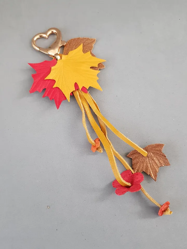 Orange maple Leaf Keychain Leather tassel charm Leather Pendant, art 9