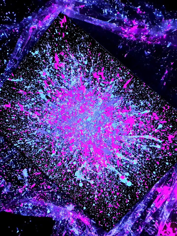 Fluorescent neon painting made with splashes technique "Miami" abstraction, contemporary art