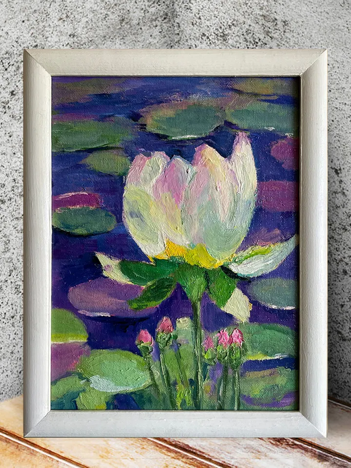 Water lily painting, original oil painting, framed flower painting, White lotus wall art