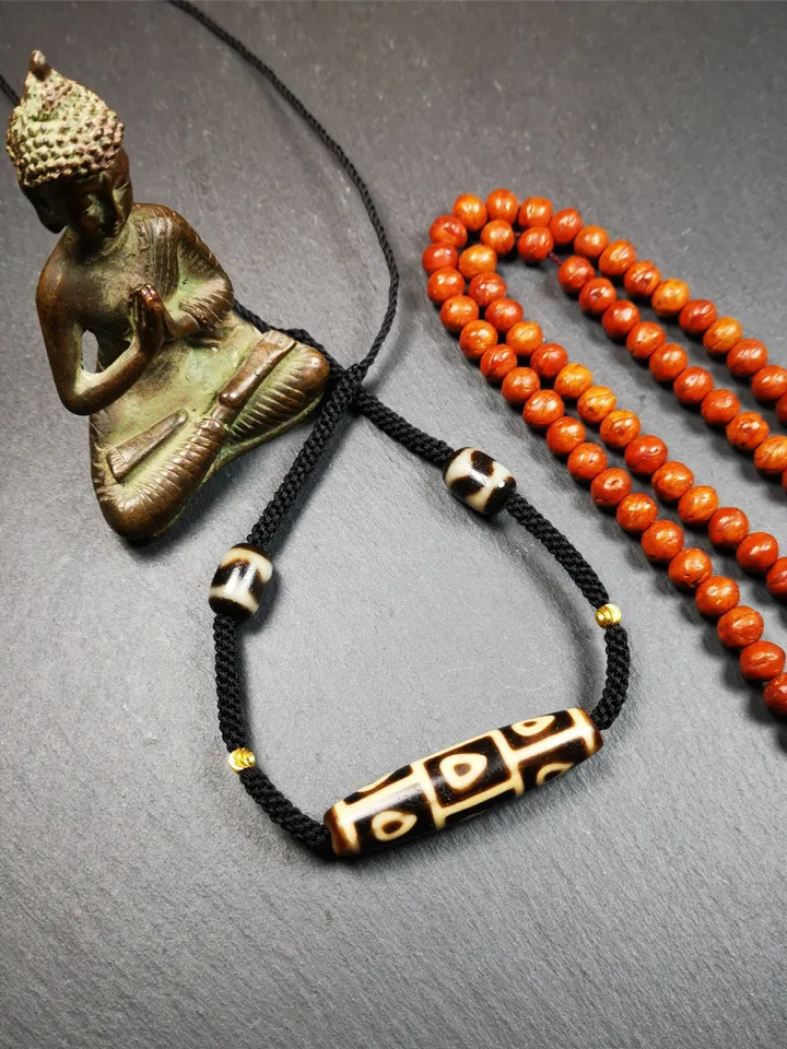 Gandhanra Antique Tibetan 9 Eyed Bodhi Dzi Bead Necklace, 2.1" x 0.51", 40 Years Old