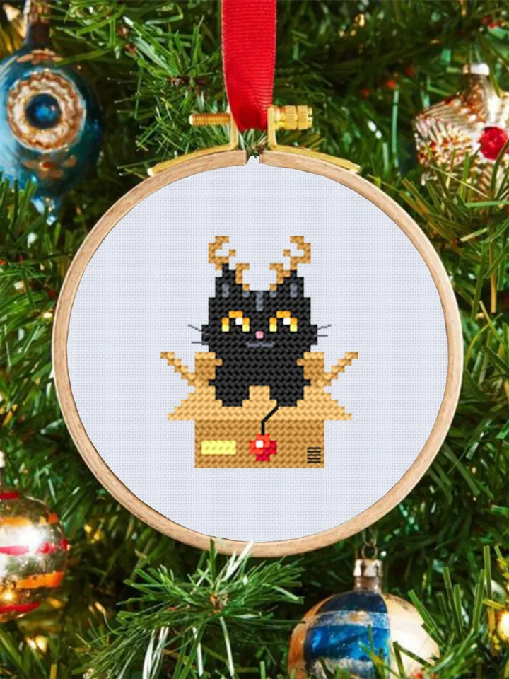 Set Christmas cats cross stitch pattern download PDF, Cute black cat embroidery PDF, Christmas small cross stitch, Funny home cat decor #N79