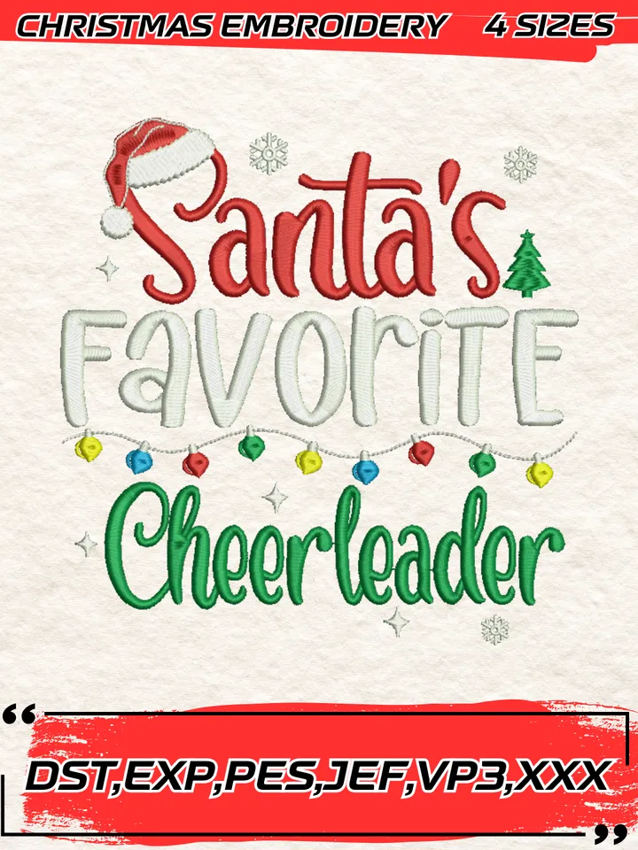 Santa’s Favorite Cheerleader Embroidery Design,Christmas Embroidery Design,4 Sizes, Digital Download