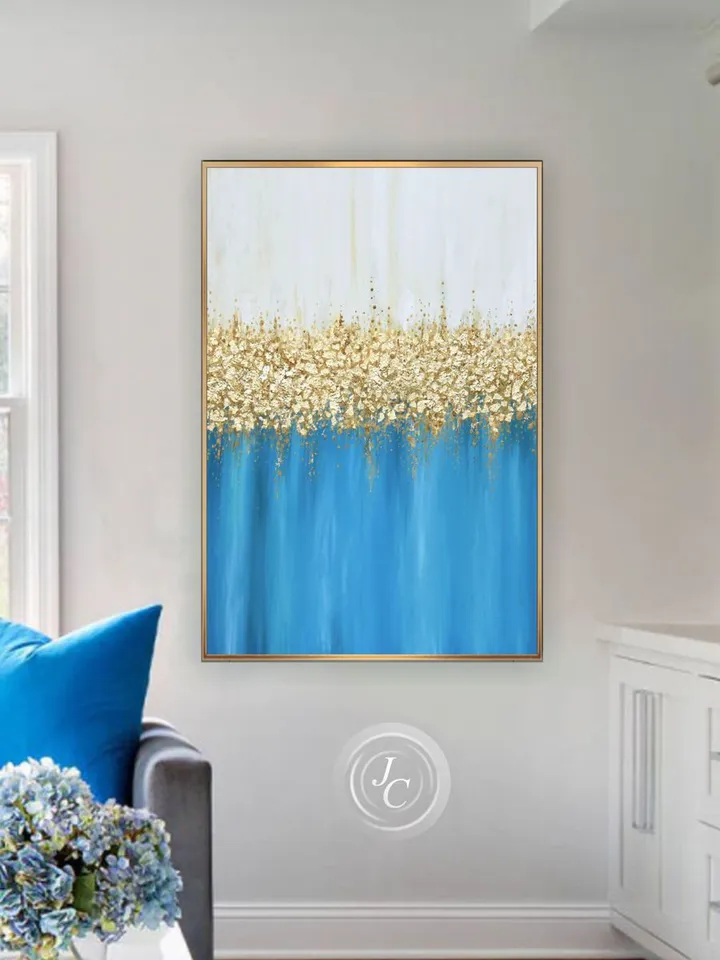 Turquoise Abstract Wall Art Gold leaf Painting on Canvas | Gold and Blue Abstract oil painting Modern wall decor