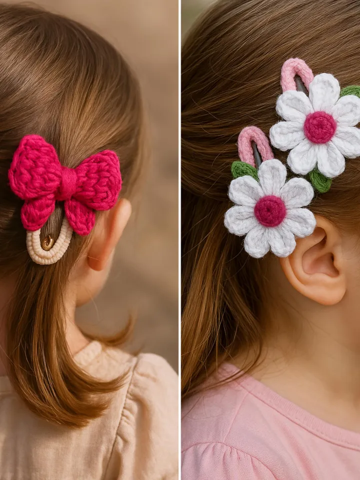 Crochet Hair Clips Bundle, Floral Bow & Daisy Clip Tutorials, Stylish Hair Clips for Kids and Babies, Gift for Craft Lovers