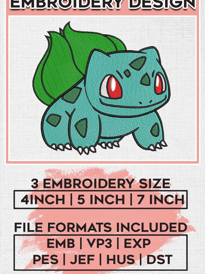 Fushigidane Embroidery Designs, Fushigidane Logo Embroidery Files, Pokemon Machine Embroidery, Digital Download EMB_ANIME_44