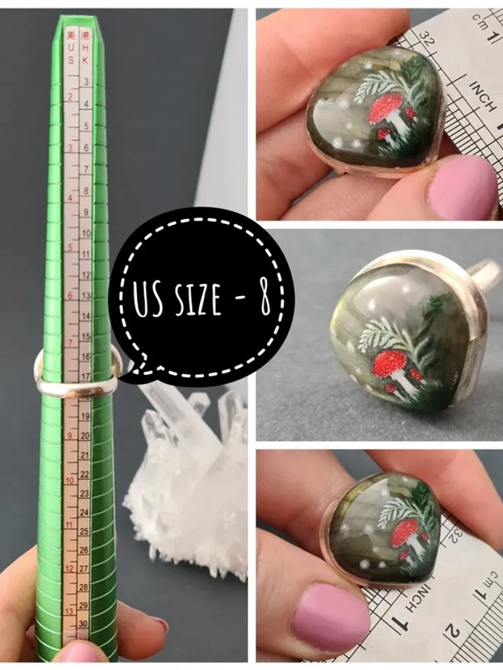 Labradorite ring Stone painting fly agaric Aaa large labradorite ring 飛木耳環