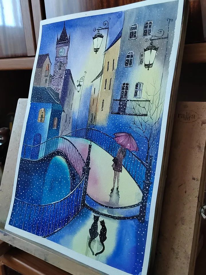 Winter Night Artwork Original Watercolor Painting Snowfall in Old Town 11.81x15.74 in by Art Café
