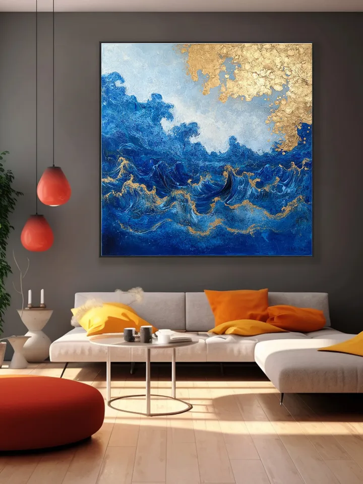 Abstract Gold leaf Oil Painting on Canvas, Original Blue Painting, Large Wall Art, Custom Painting, Living room Office Wall Art, Home Deocr