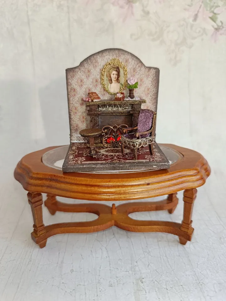 Miniature Fireplace Room Roombox is a 1/48 scale miniature dollhouse with a shimmering fireplace, furniture and accessories