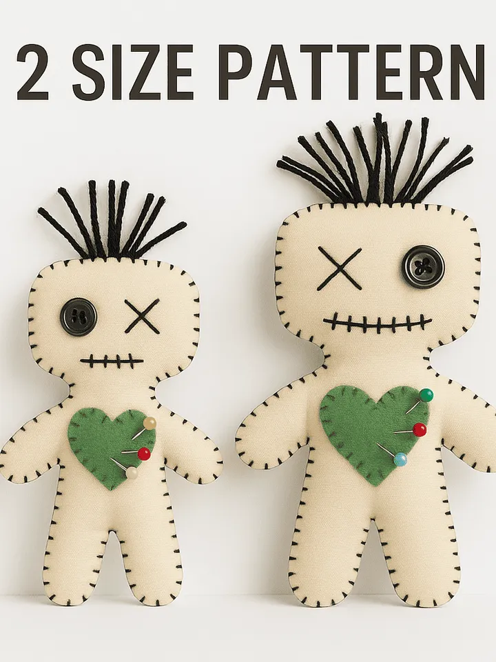 Voodoo Doll PDF Pattern โ 2 Sizes Included โ Creepy Cute Sewing Tutorial with Heart
