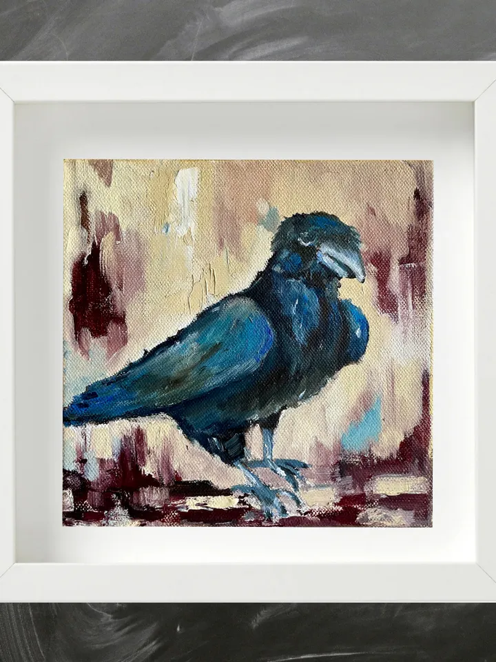 Crow painting, Original bird oil painting on canvas,  Raven wall art, Small animal artwork
