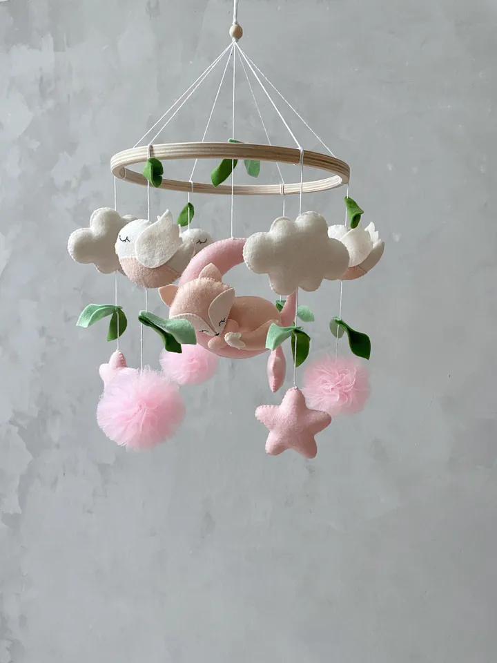 Fox baby mobile girl pink and mint, Woodland crib mobile girl