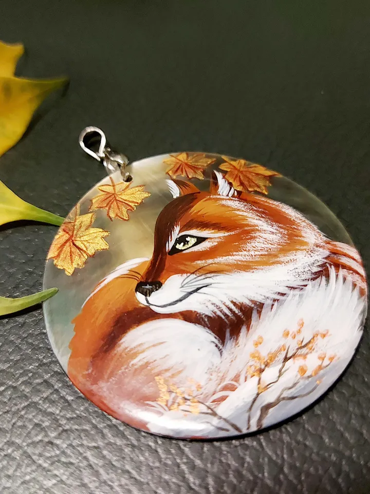 Beautiful Pendant Mother-of-pearl"Fox". miniature Hand-painte. Russian jewelry. Art gift.Wildlife gift. Fox lover gift. Forest jewelry.