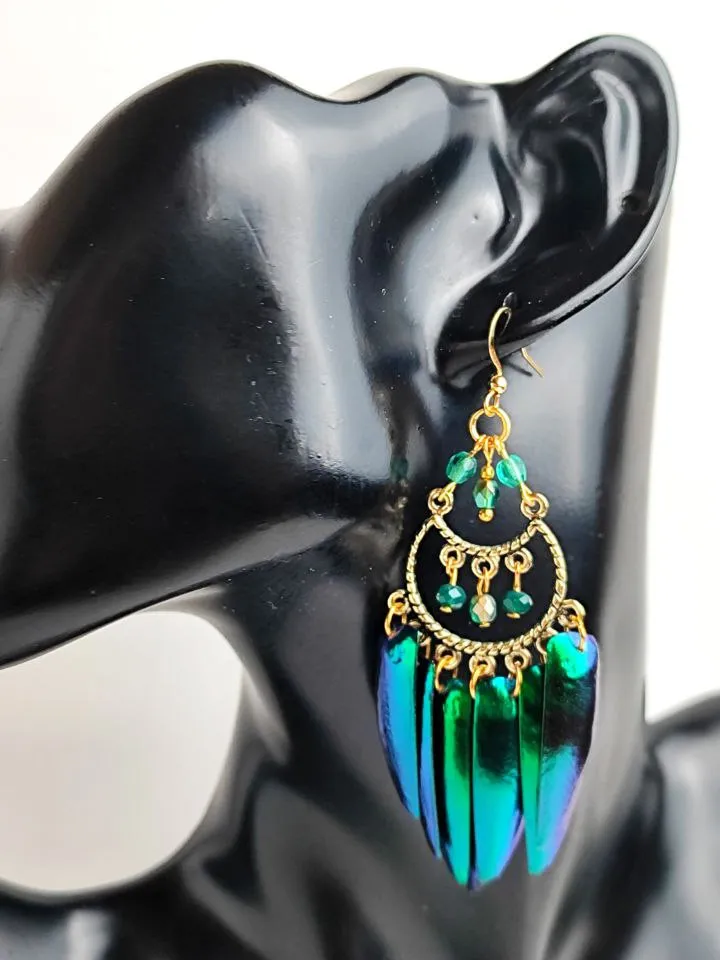 Long Green Earrings in the Form of Beetle Wings Elytra Precious Beetle Beetle Jewelry