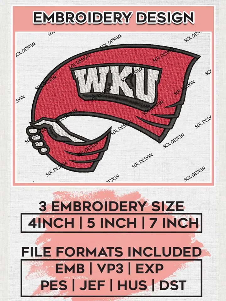 NCAA WKU Hilltoppers Team Flag Logo Embroidery Design Files, NCAA Western Kentucky Hilltoppers Machine Embroidery, NCAA Teams, Game Day, 3 sizes, NCAA Machine embroidery designs, Digital Download