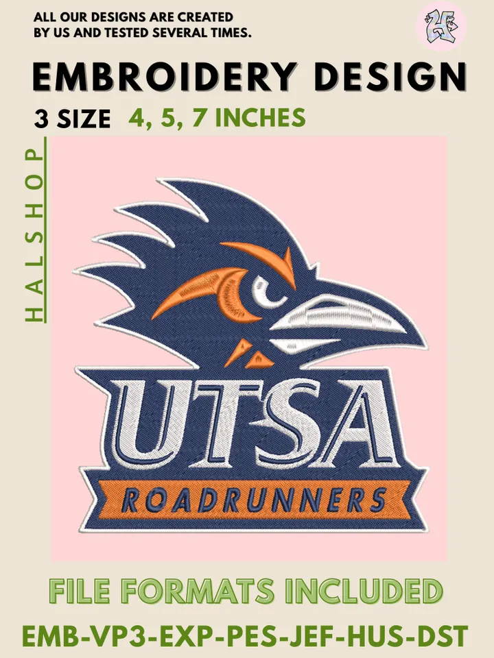 NCAA UTSA Roadrunners Round Logo Embroidery, NCAA UTSA Roadrunners Logo Embroidery Files, NCAA Teams, Machine Embroidery Designs, Digital Download