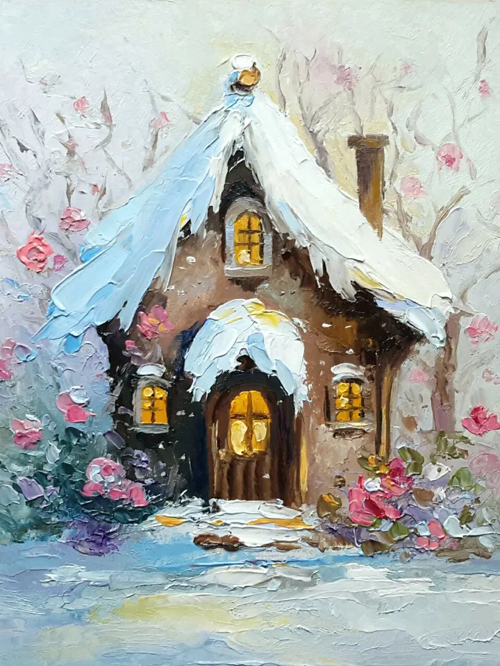 Winter Fantasy House Original Oil Fairy-tale Painting a Cute Christmas Gift.