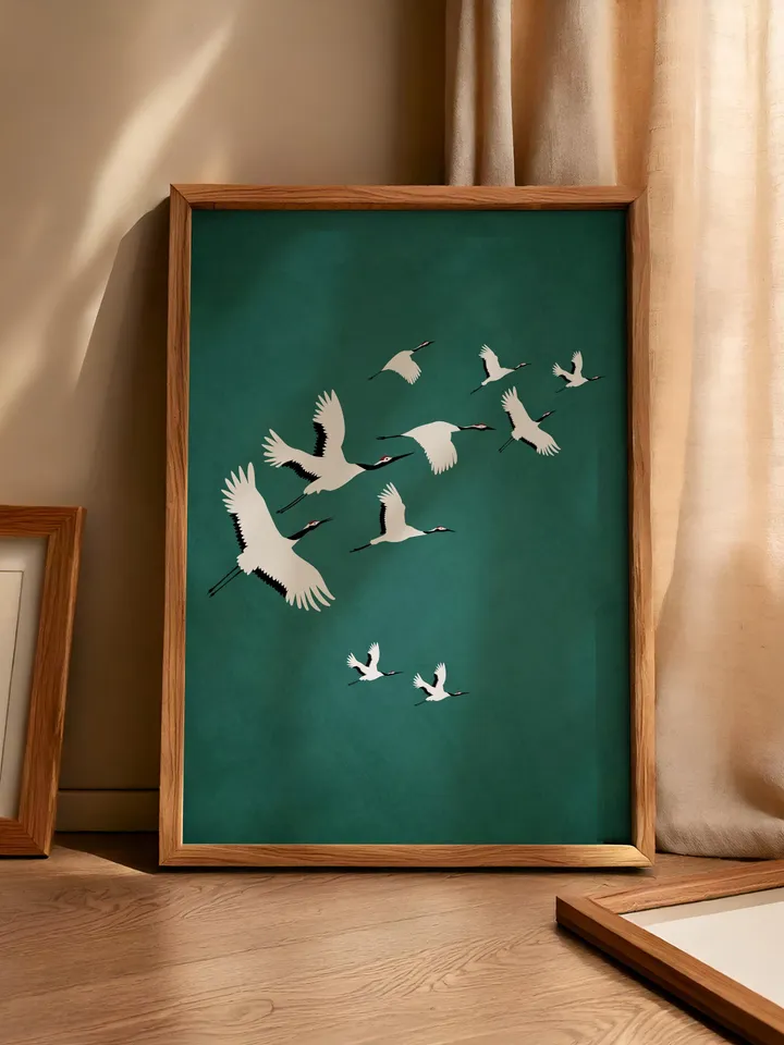 Emerald Cranes Wall Art Digital Print Japanese Style Gold Accent Bird Poster Maximalist Green Decor Eclectic living Room Artwork Gift poster