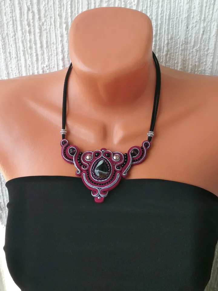 Burgundy necklace with Agate stone, Soutache Embroidered statement necklace