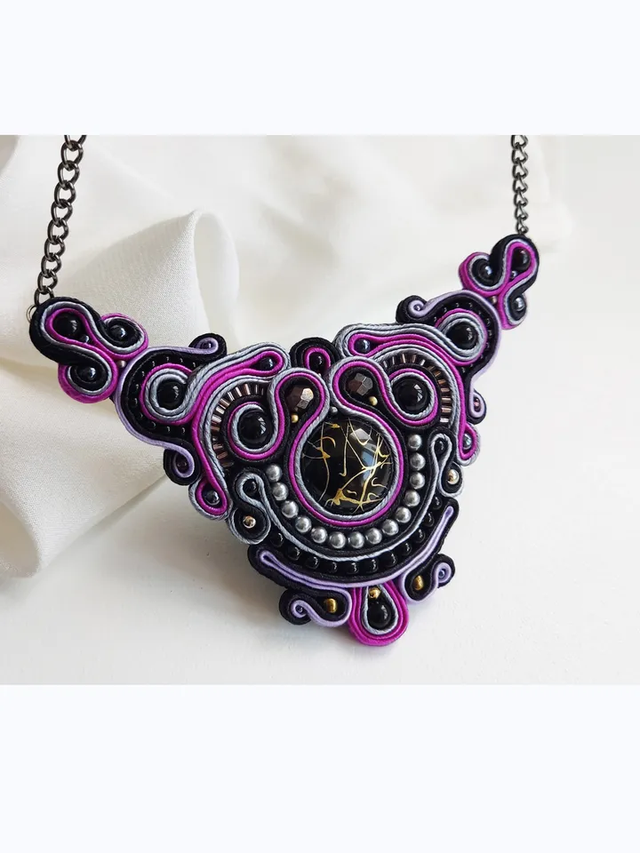Purple statement necklace, Boho necklace, Soutache embroidered beaded necklace, Bohemian neklace