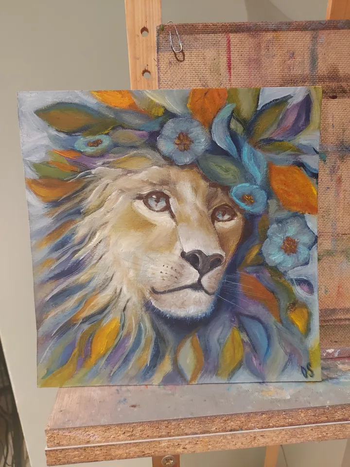 Lion Original Painting Animal Art Modern Artwork Bright Floral Multicolored Lion Wall Painting Lion Head Abstract Painting Room Decor 10x10 inches By OlgaSokolovaArt