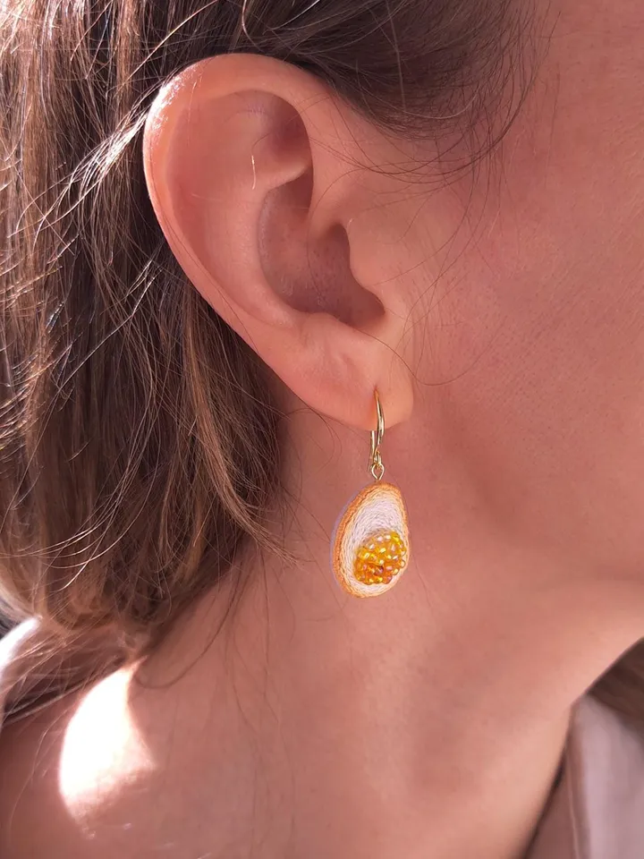 Sunny-Side Up Egg Earrings Hand-Embroidered Foodie Jewelry Quirky Artisan Accessories Boho Food Art Cooking Enthusiast Gift Brunch Outfit