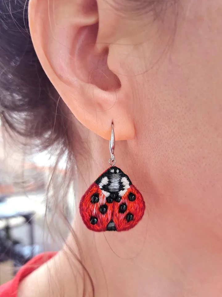 Ladybug Earrings Embroidery Handcrafted Funny Jewelry Artisan Earrings Quirky Accessory Party Boho Design Fiesta Folk Art Celebration Decor
