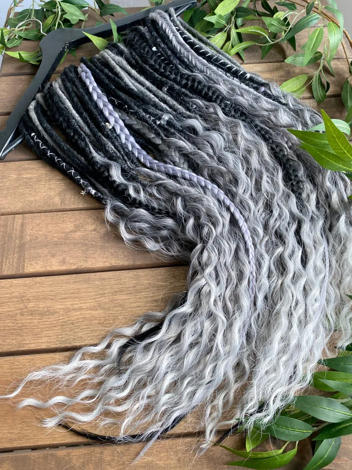 Black and gray synthetic crochet curly Double ended Dreads Ready to ship