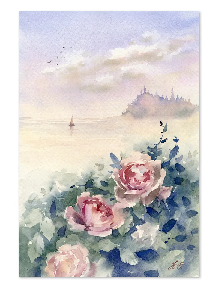 Fantasy seascape painting Original art Castle, roses and sea Watercolor by Yulia Evsyukova