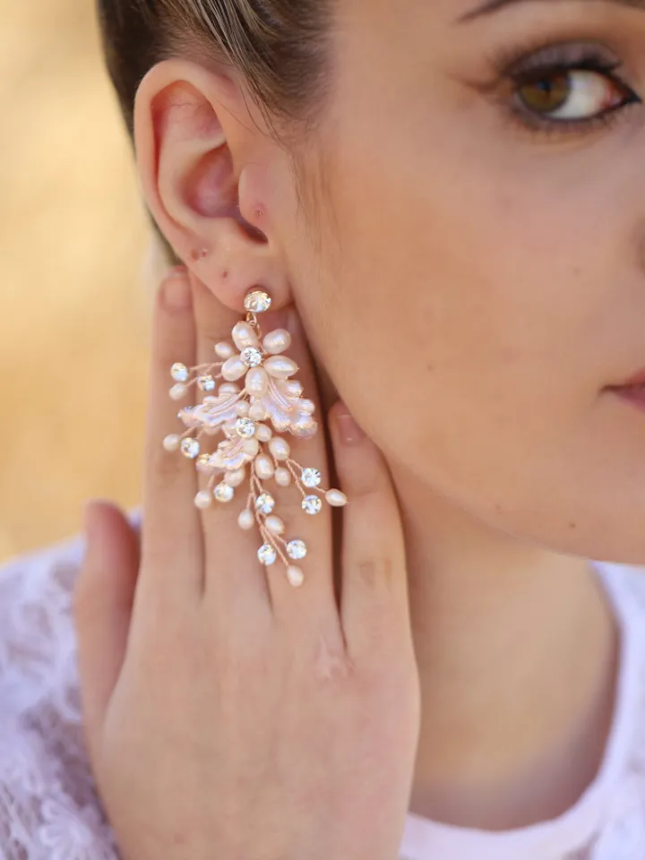 Rose Gold Vintage Leaf Wedding Earrings, Freshwater Pearl Floral Boho Wedding Earrings, Long Chandelier Statement Earrings, Bridal Jewelry
