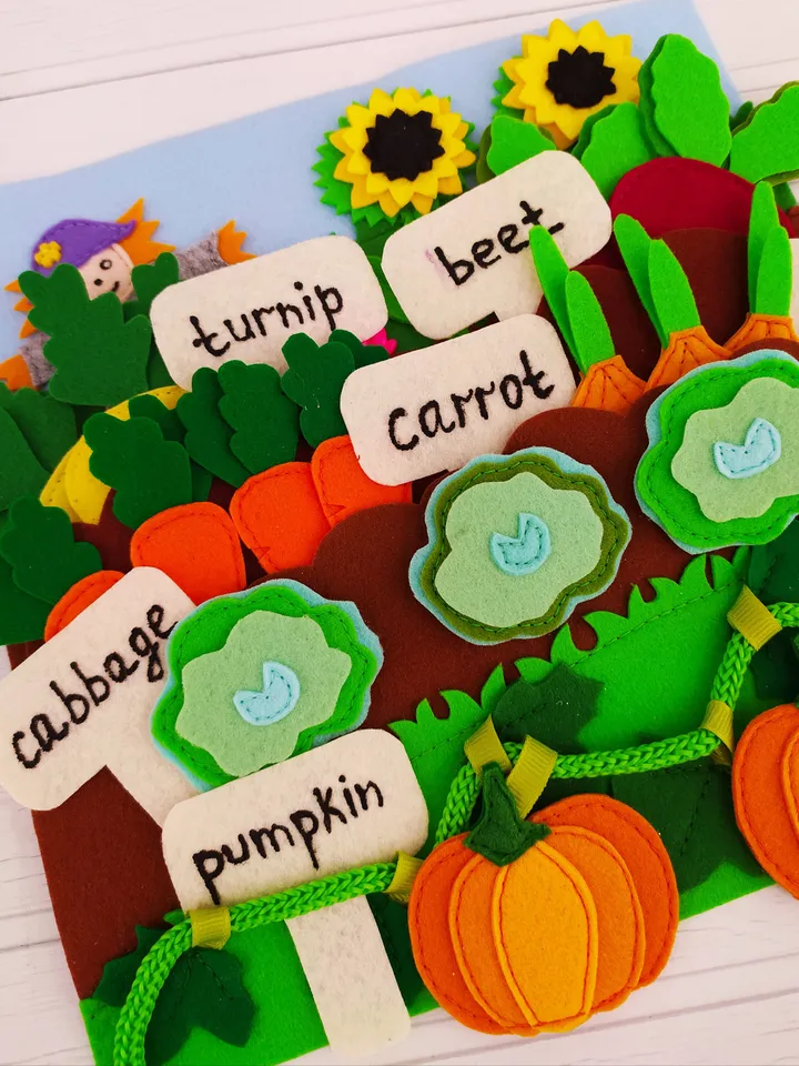 Garden Quiet book pattern, Felt book pattern, Felt vegetable pattern for kids, Soft montessori book sewing ideas for toddler