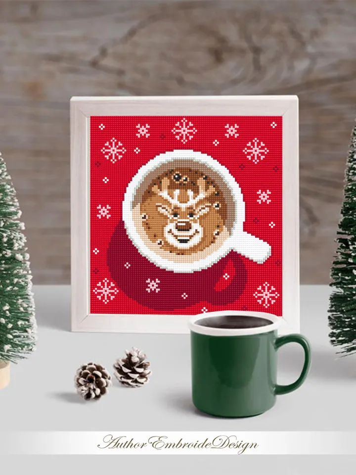Set Christmas coffee cross stitch pattern PDF download Christmas cross stitch chart, Cup of latte cappuccino coffee, Snowflake, Deer #N150