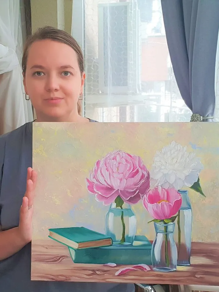 Books Painting Peony Original Art Flowers in Vase Still Life Art Oil Painting