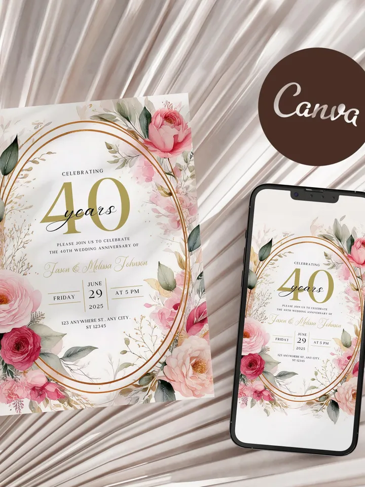 40th Anniversary Party Invitation, 45th, 50th, 60th, 70th, Blush Pink Canva Template 5x7 birthday invitation & evite digital invitation