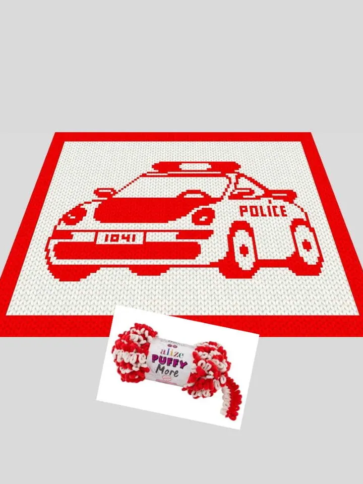 Loop yarn Finger knitted Police Car blanket pattern