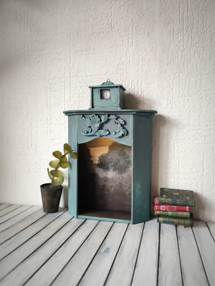Miniature Fireplace with Small Painting and Backlight 1/6, 1/12 sea wave color