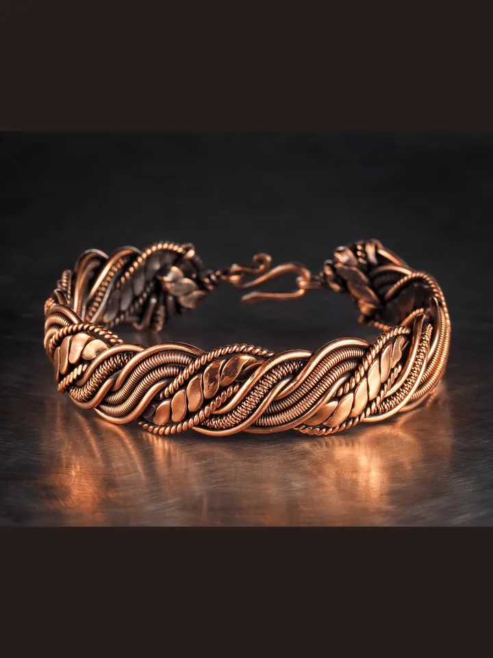 Wire wrapped bracelet, Unique 7th 22nd Wedding Anniversary gift idea, Art Nouveau antique style, One of kind braided statement bangle, Pain relief, EMF protection, Hippiу accessory, Handmade oxidized pure copper woven wire elven jewelry