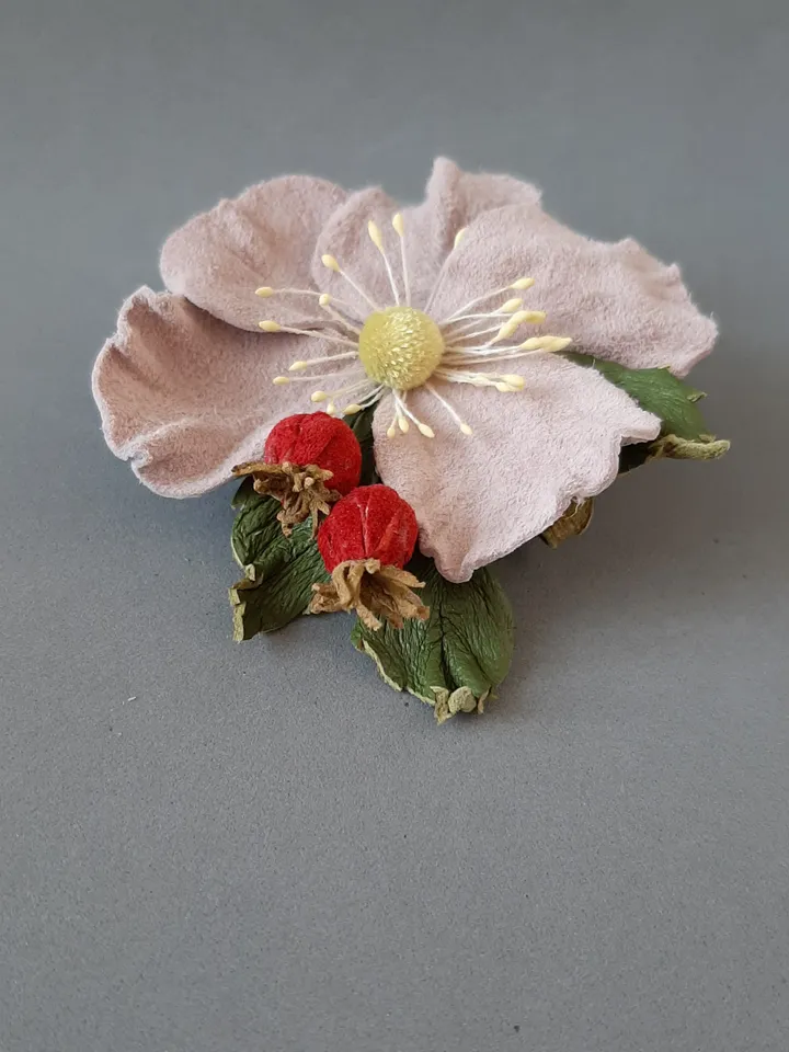 Leather brooch Rose hip for her , 3rd anniversary gift for wife, Leather women's jewelry