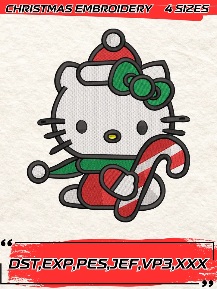 Hello Kitty Holding Candy Cane Embroidery Design, Hello Kitty Christmas Embroidery Digitizing Pes File,4 Sizes, Digital Download