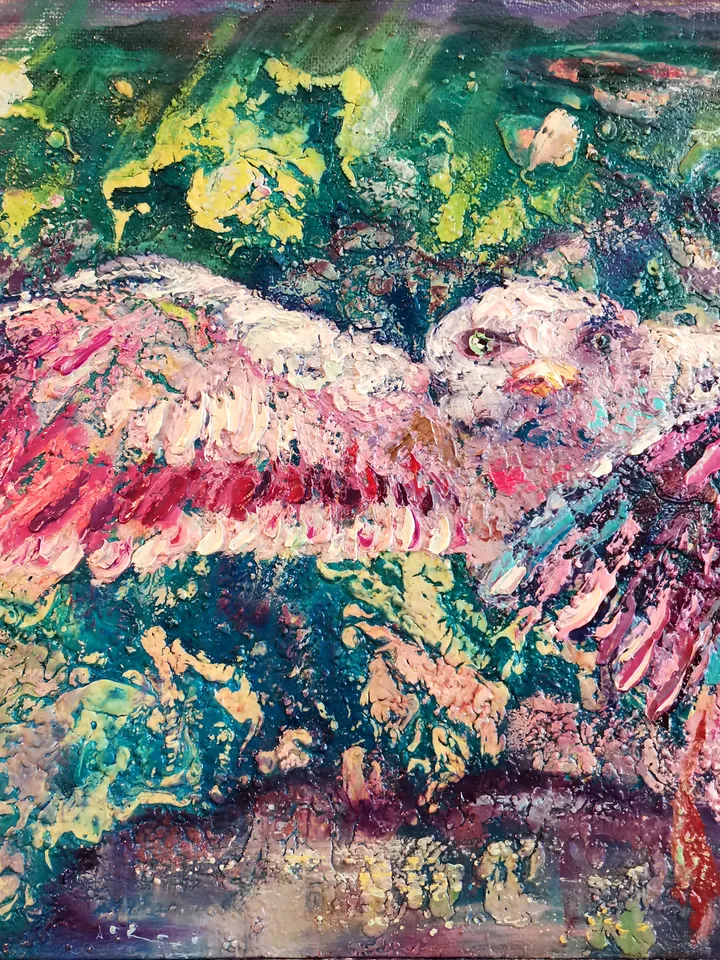 Seagull Bird Painting Art Oil Original Impasto Northern Aurora Borealis Svinar Oksana