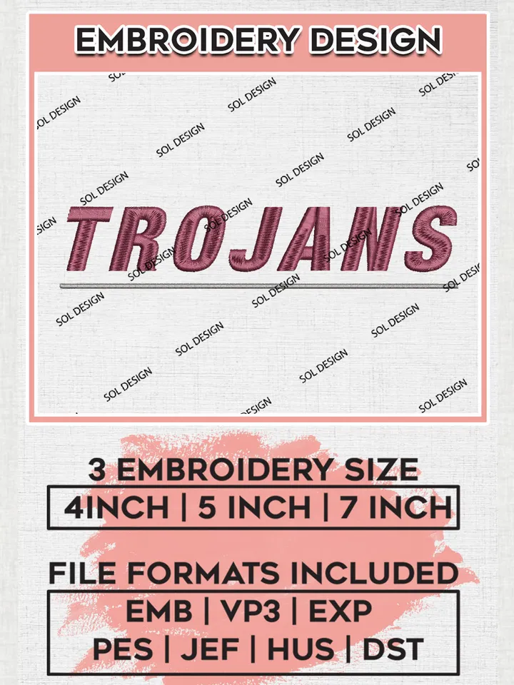 NCAA Trojans College Team Word Logo Embroidery Design Files, NCAA Little Rock Trojans Machine Embroidery, NCAA Teams, 3 sizes, NCAA Machine embroidery designs, Digital Download