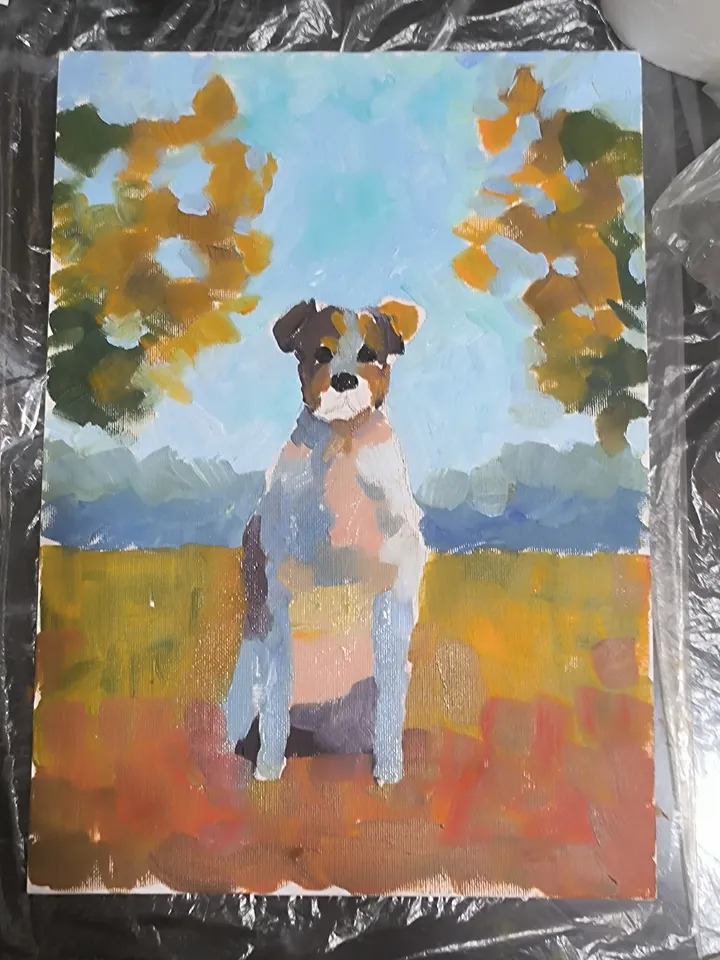 Dog oil painting, Dog on canvas, Oil painting, Dog in the autumn forest